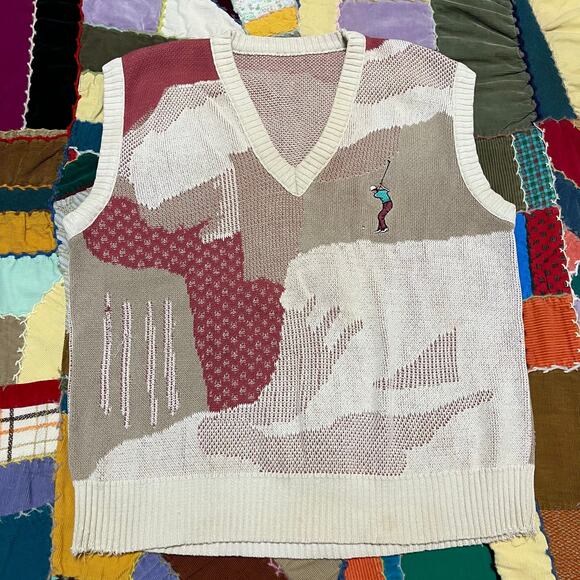 Vintage Geometric Red/Beige/Brown Golf Embroidered Vest Large - Picture 1 of 4